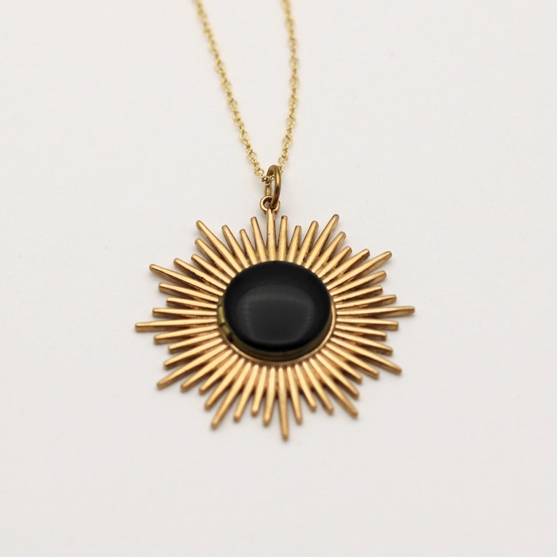 Locket Necklace Gold Starburst Gold Filled Chain Black Enamel Photograph Jewelry Custom Gifts Picture Necklaces Layering Lockets Delicate image 1