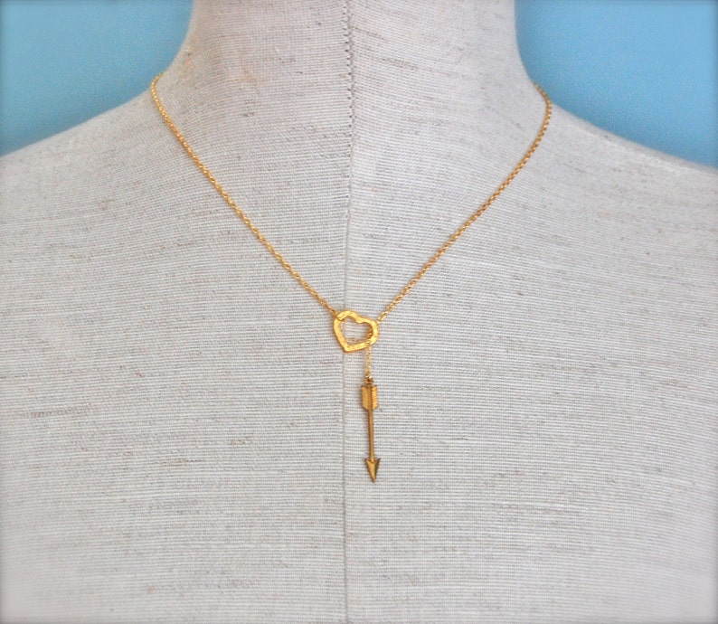 Arrow Necklace and Heart Lariat Brass Charms Hearts and Arrows Etsy