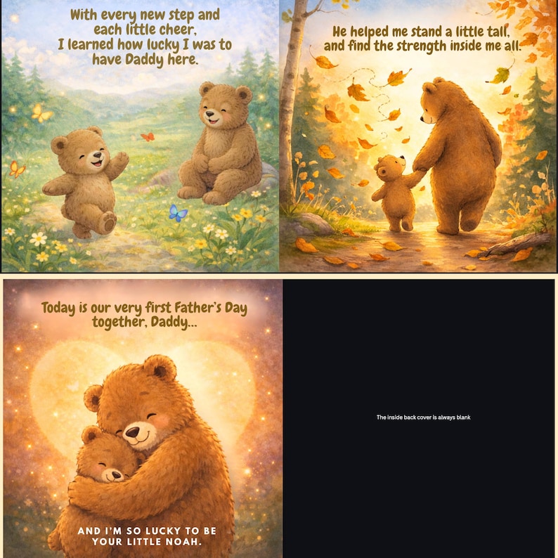 May include: A children's book with illustrations of brown bears in a forest setting. The text reads, "With every new step and each little cheer. I learned how lucky I was to have Daddy here." and "Today is our very first Father's Day together, Daddy..."