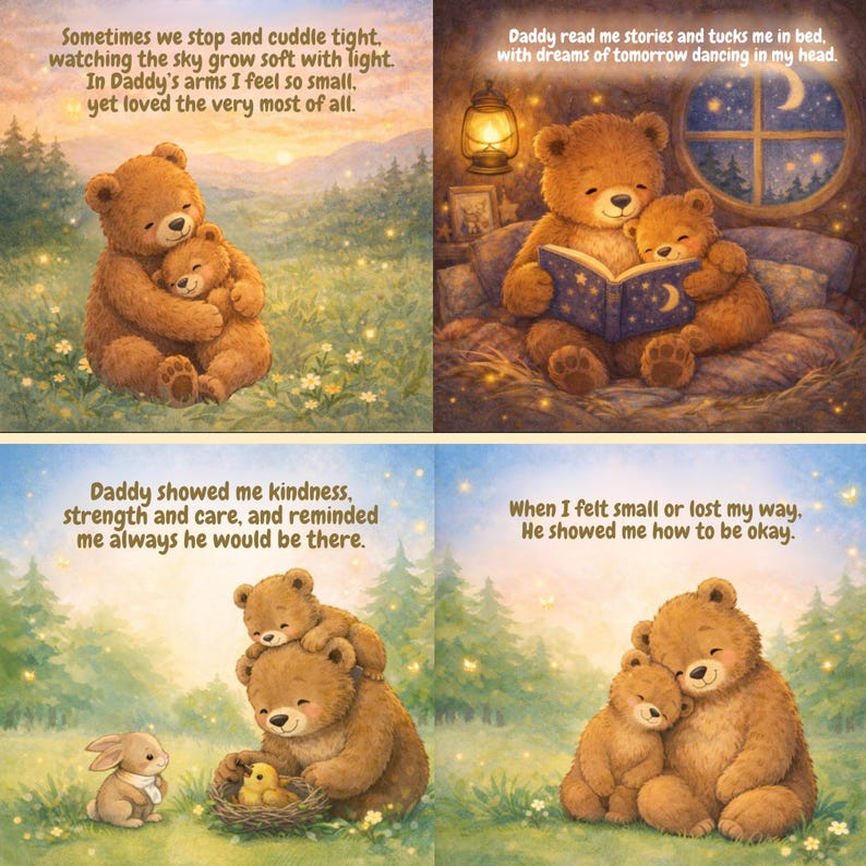 May include: A heartwarming illustration depicts a series of scenes with teddy bears. The bears are shown cuddling, reading a book, and offering comfort. The text includes phrases like "cuddle tight" and "dreams of tomorrow."