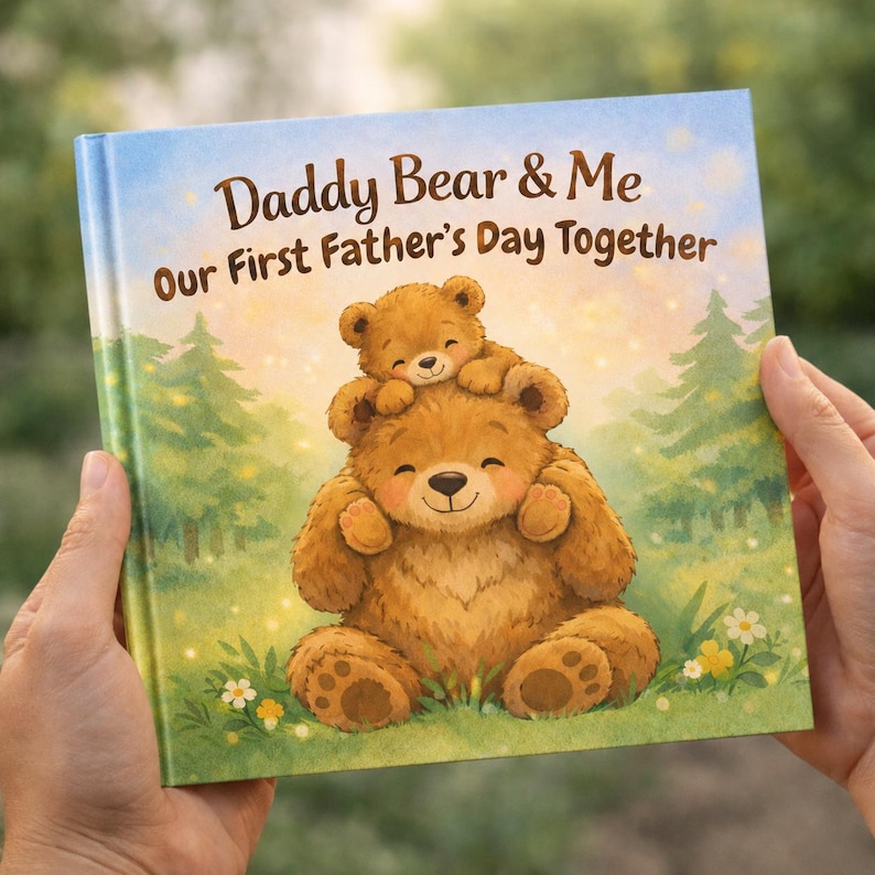 May include: A children's book titled "Daddy Bear & Me Our First Father's Day Together" features a watercolor illustration of a bear and cub. The cover art depicts a smiling bear with a smaller bear cub on its head, set against a backdrop of a forest scene.