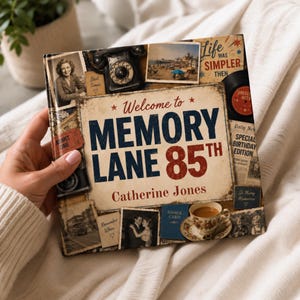 Puede incluir: Un libro de tapa dura cuadrado titulado Welcome to Memory Lane 85th por Catherine Jones. La portada presenta un collage de imágenes de estilo vintage que incluyen un teléfono de disco, una escena de playa, un disco de vinilo, una taza y fotos.