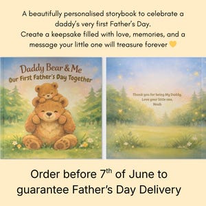 May include: A personalized children's book titled "Daddy Bear & Me" with a bear illustration. The book's cover features a large bear with a smaller bear on top. The book is designed to celebrate a father's first Father's Day.