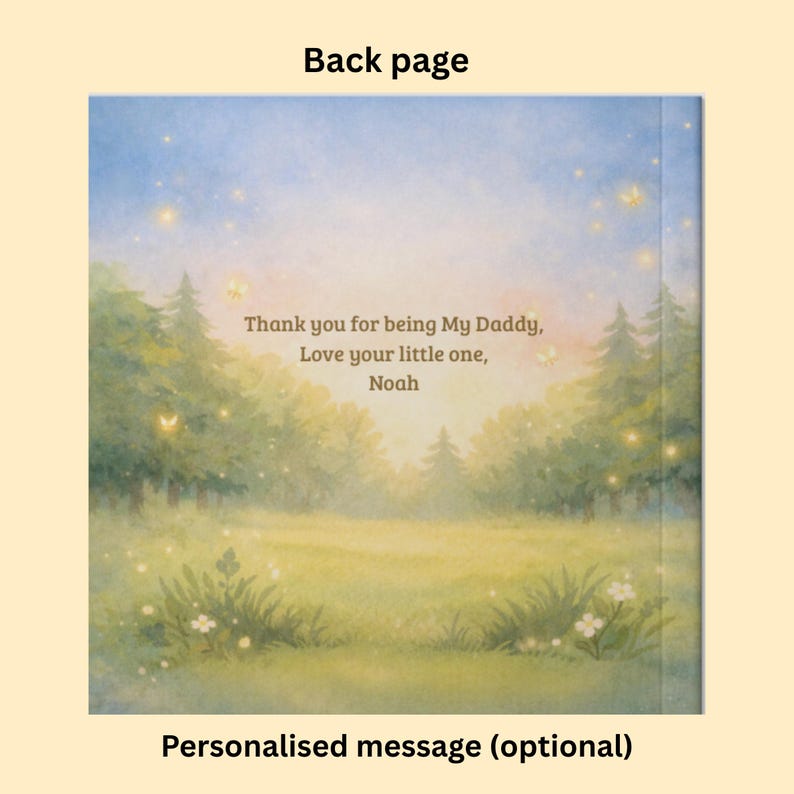 May include: The back page of a children's book features a serene forest scene with a meadow and trees under a soft, glowing sky. Text reads, "Thank you for being My Daddy, Love your little one, Noah." The words "Back page" and "Personalised message (optional)" are also visible.