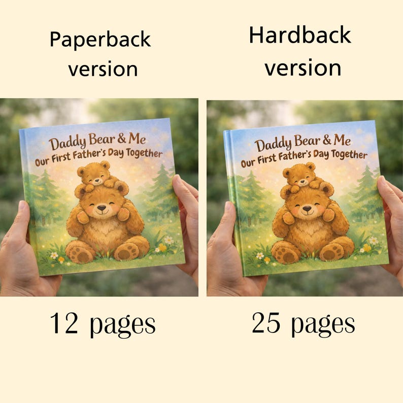 May include: Two children's books, a paperback and a hardback version, each featuring a bear illustration. The book covers read "Daddy Bear & Me Our First Father's Day Together." The paperback has 12 pages, and the hardback has 25 pages.