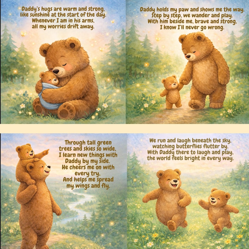 May include: A heartwarming illustration featuring four panels with brown teddy bears. The panels depict a father bear and a baby bear in various scenes, including hugging, walking, and playing. Each panel includes a short poem.