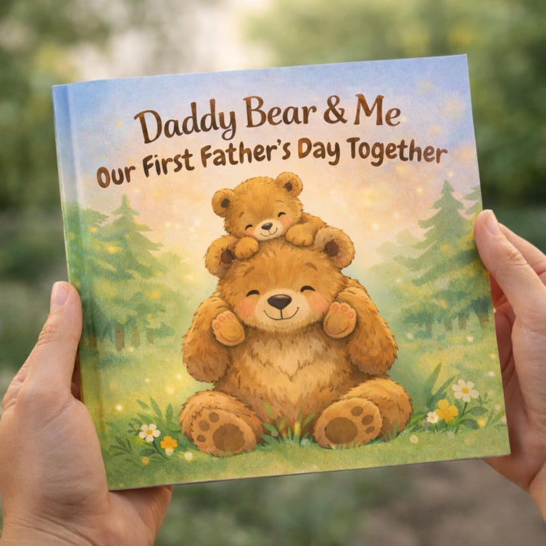 May include: A children's book titled "Daddy Bear & Me Our First Father's Day Together." The cover features a cartoon illustration of a large brown bear with a smaller bear on top. The background shows a green landscape with trees and flowers.