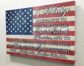 Pledge of Allegiance American Flag Canvas Wrap on Burlap Background - Red Blue - Rustic - Vintage Home Decor