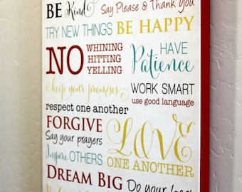 16x24" Family Rules Canvas Wrap - Gallery Wrap - Sign - Tricolor