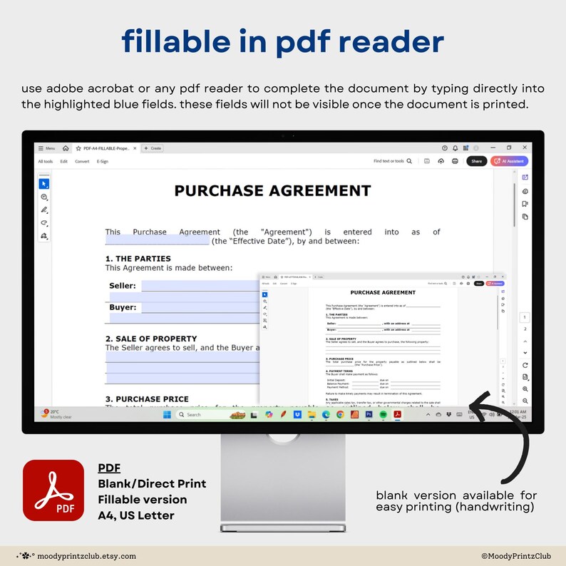 Printable Purchase Agreement Template Editable Contract Purchase and ...