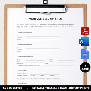Vehicle Bill of Sale PDF Printable Motor Vehicle Bill of Sale Contract Template Car Bill of Sale Form Editable PDF MS Word Google Doc