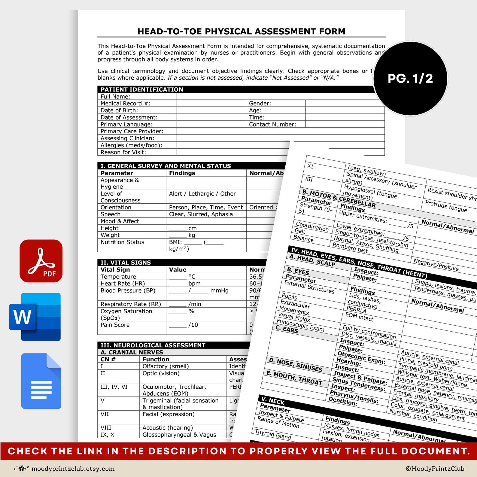 Head to Toe Physical Assessment Template Patient Assessment Form Nurse ...