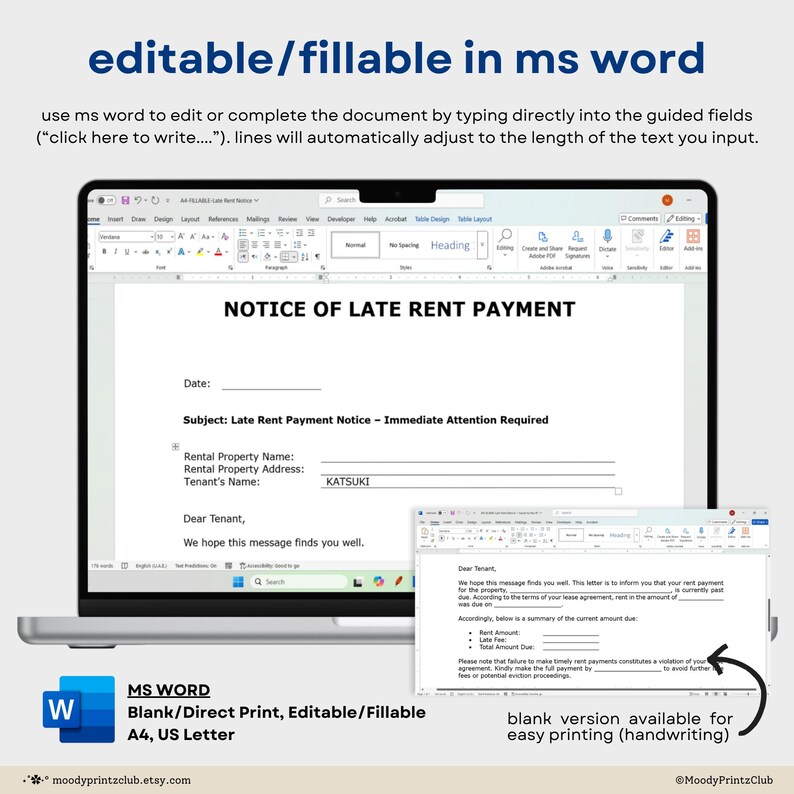Late Rent Letter Fillable Late Rent Notice Printable Late Rent Payment ...