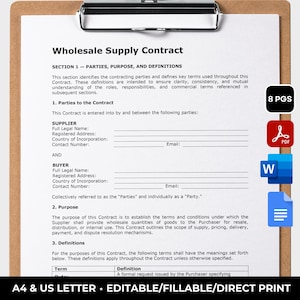 Wholesale Contract Template Editable Purchase Agreement Template Business Contract Printable Wholesale Agreement Supplier Contract PDF