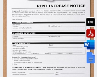 Rent Increase Notice, Printable Room Rental Increase Form, Editable Rent Increase Letter Template, Landlord Form, Tenant Notice, PDF MS Word