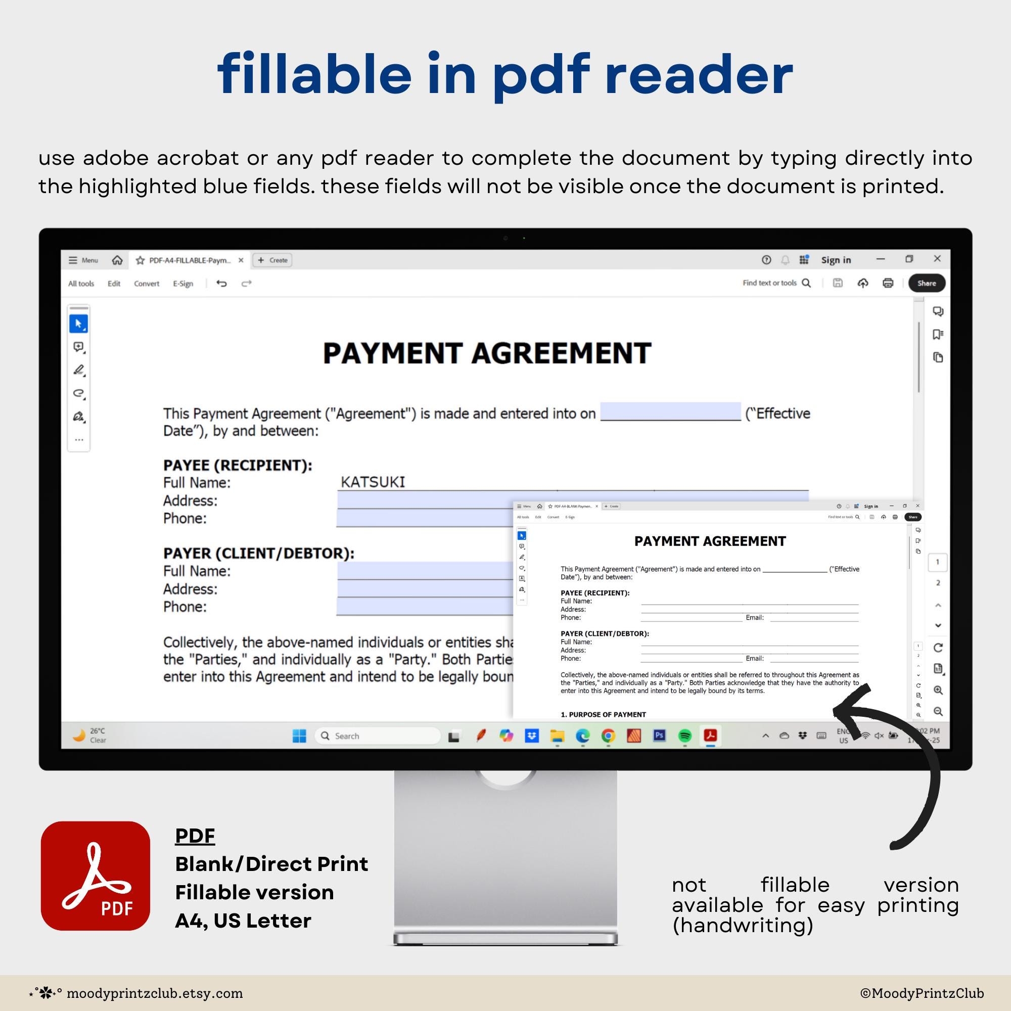 Payment Agreement Template Printable Purchase Agreement Contract ...
