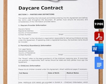 May include: A daycare contract document on a clipboard. The document includes sections for provider and parent information, and child details. The text "Daycare Contract" is at the top. The document is A4 & US Letter size and is editable, fillable, and direct print.