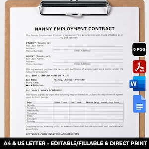 Nanny Agreement Printable Nanny Contract Template Editable Childcare Contract Babysitter Agreement Nanny Template Employment Contract