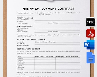 Nanny Agreement Printable Nanny Contract Template Editable Childcare Contract Babysitter Agreement Nanny Template Employment Contract