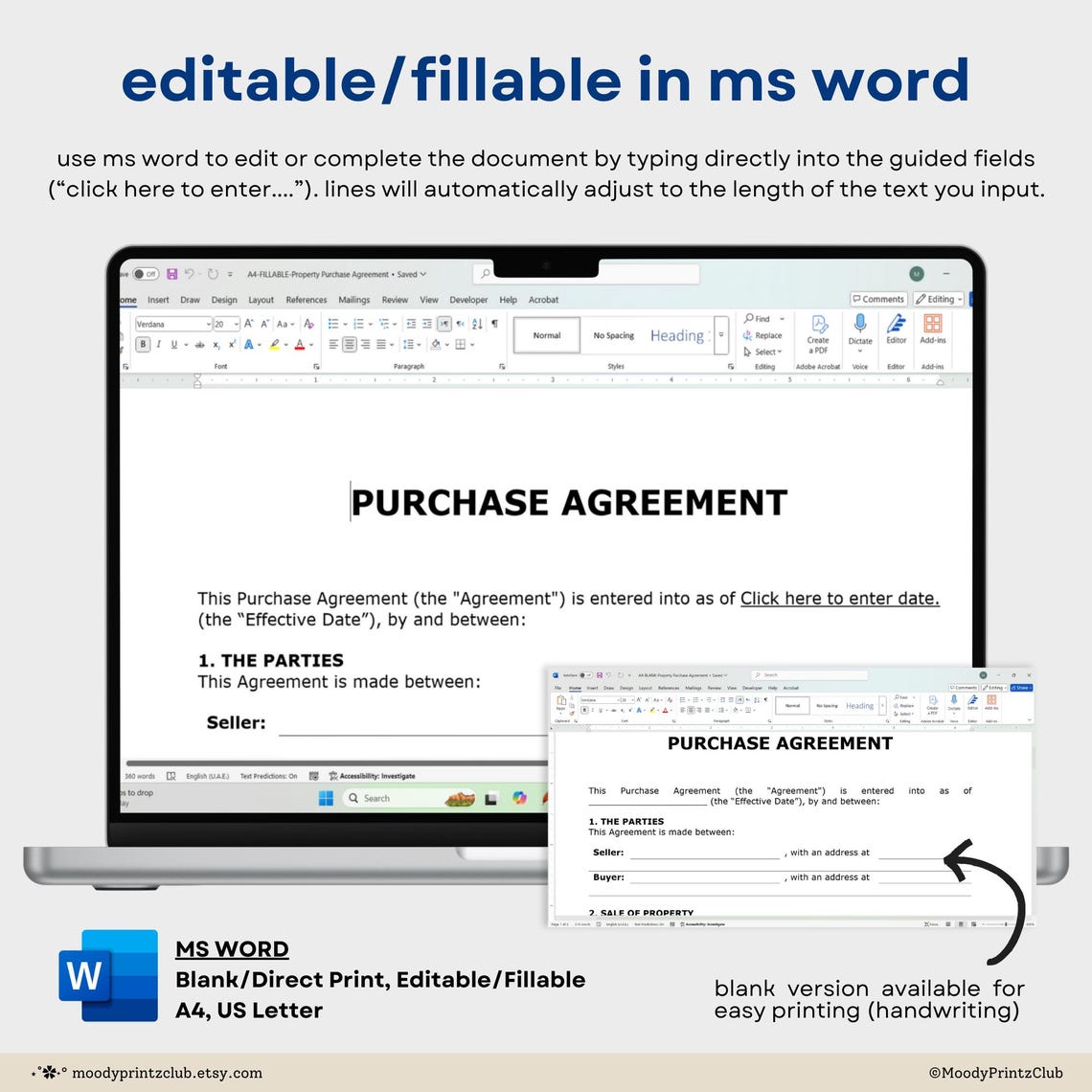 Printable Purchase Agreement Template Editable Contract Purchase and ...