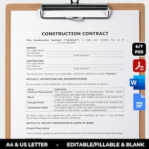 Construction Contract Template Printable Contractor Agreement Editable Contractor Document Handyman Construction Agreement Fillable PDF