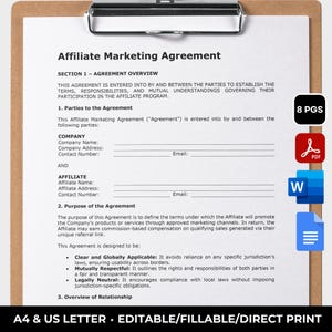 May include: A document titled "Affiliate Marketing Agreement" on a clipboard. The document includes sections on agreement overview, parties, and purpose. The text is black on a white background. The document also includes icons for PDF and Word documents.
