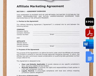 Affiliate Marketing Agreement Template Editable Email Marketing Contract Printable Affiliate Contract Influencer Affiliate Agreement