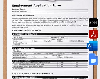 Employee Application Form Printable Job Application Template Editable New Employee Form Employment Form HR Template PDF Word Google Docs
