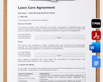Lawn Care Agreement Template Editable Landscaping Contract Printable Lawn Care Contract Mowing Service Contract Garden Care Agreement PDF