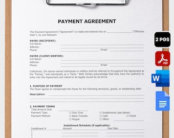 Payment Agreement Template Printable Purchase Agreement Contract Template Payment Contract Payment Form Payment Plan Fillable Adobe Acrobat