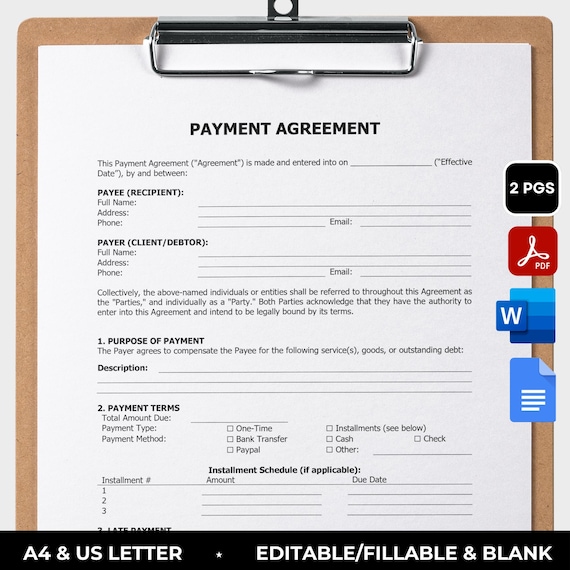 Payment Agreement Template Printable Purchase Agreement Contract Template Payment Contract Payment Form Payment Plan Fillable Adobe Acrobat