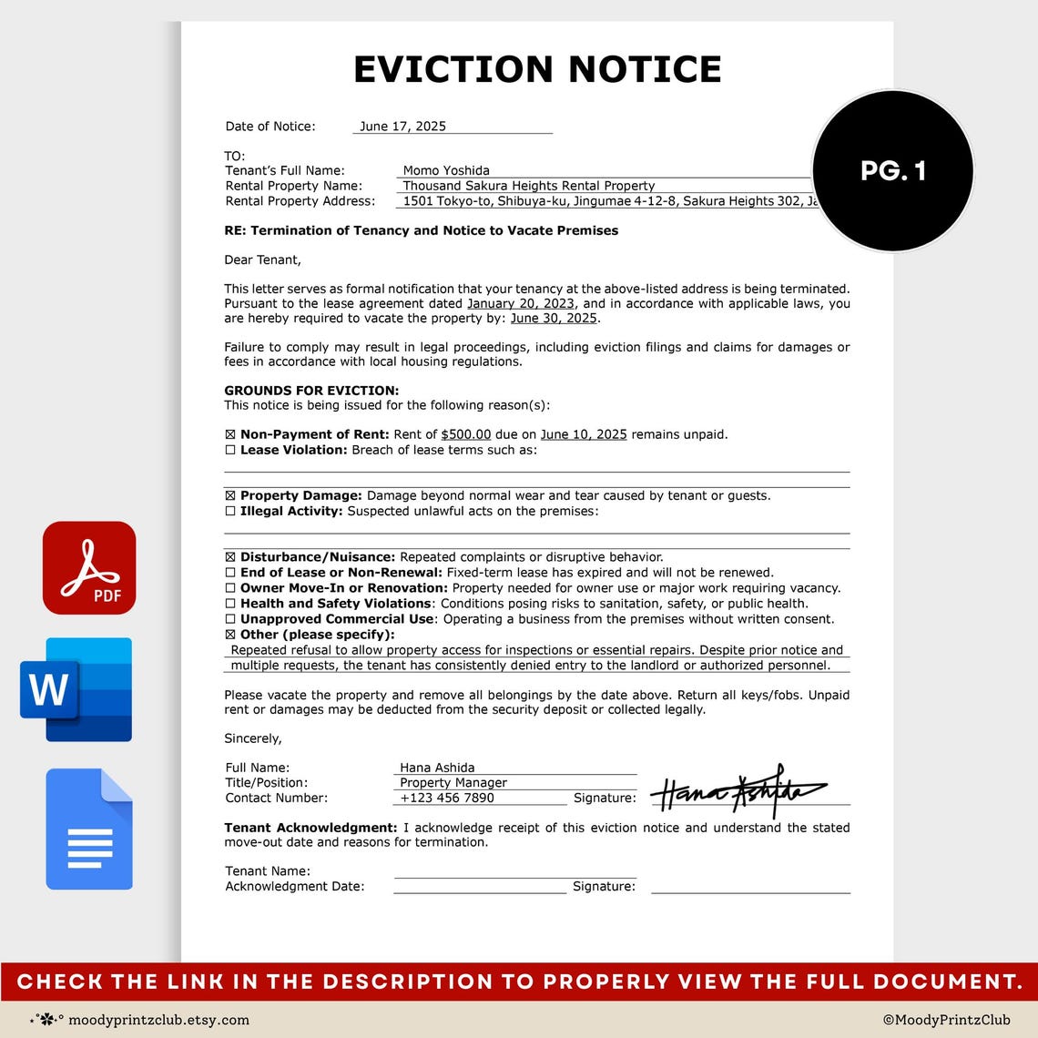 Eviction Notice Letter Template, Printable Landlord Eviction Letter ...