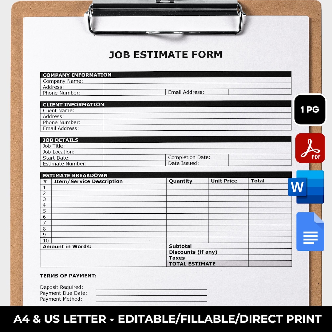 Job Quote Form.pdf Job Estimate Form Template, Editable Job Proposal Template, Printable ...