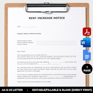 Aviso de aumento de alquiler, carta rellenable de aumento de alquiler, formulario imprimible de aumento de alquiler, aviso al propietario, PDF, MS Word, Google Doc, editable