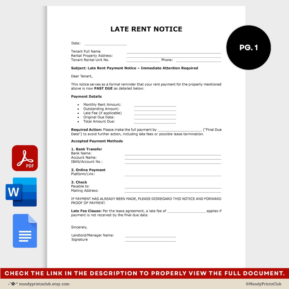 Editable Late Rent Notice Template, Printable Late Rent Letter, Past ...