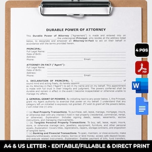 Durable Power of Attorney Template Printable POA Form Editable Durable POA Agreement Attorney Form Fillable General Poa Contract MS Word