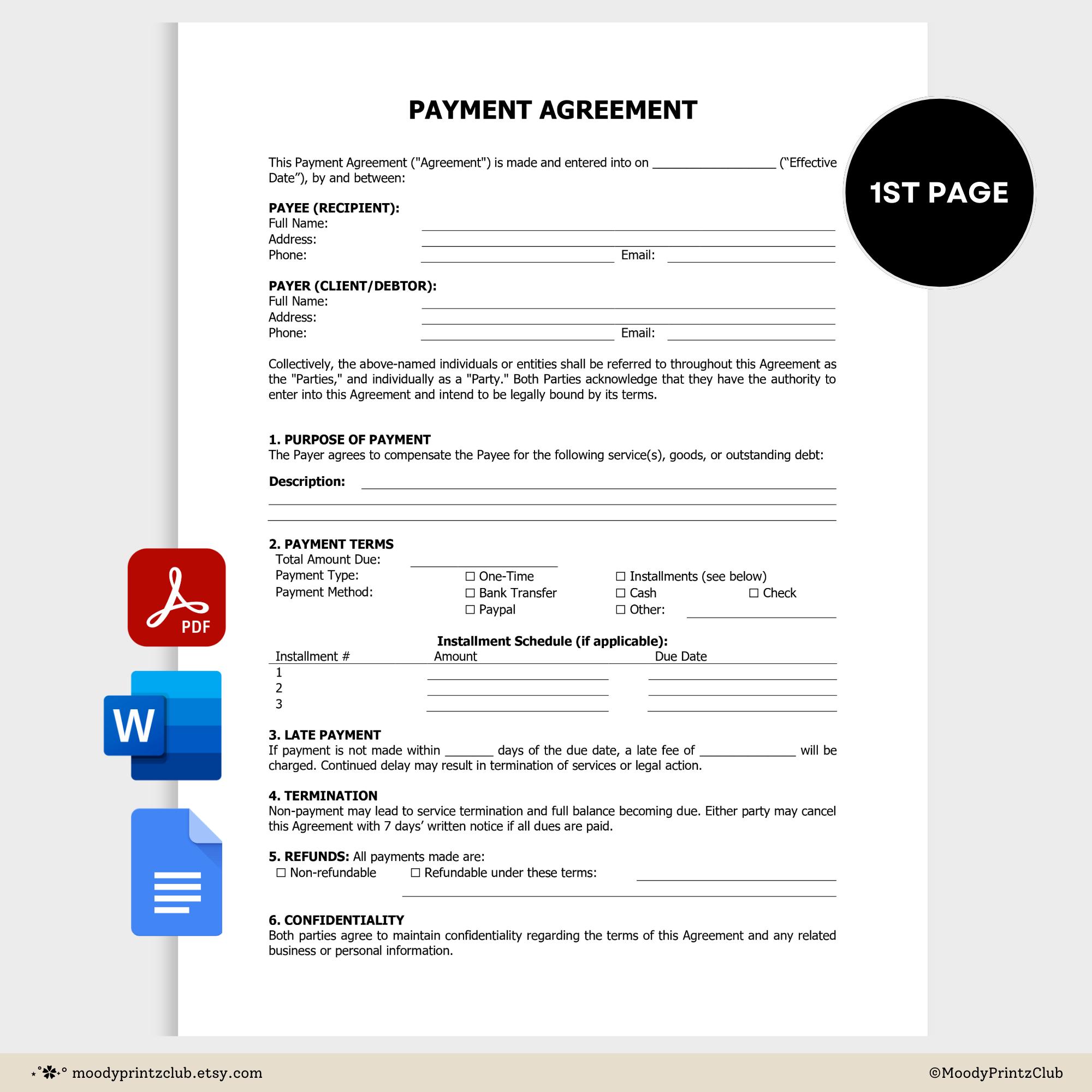 Payment Agreement Template Printable Purchase Agreement Contract ...
