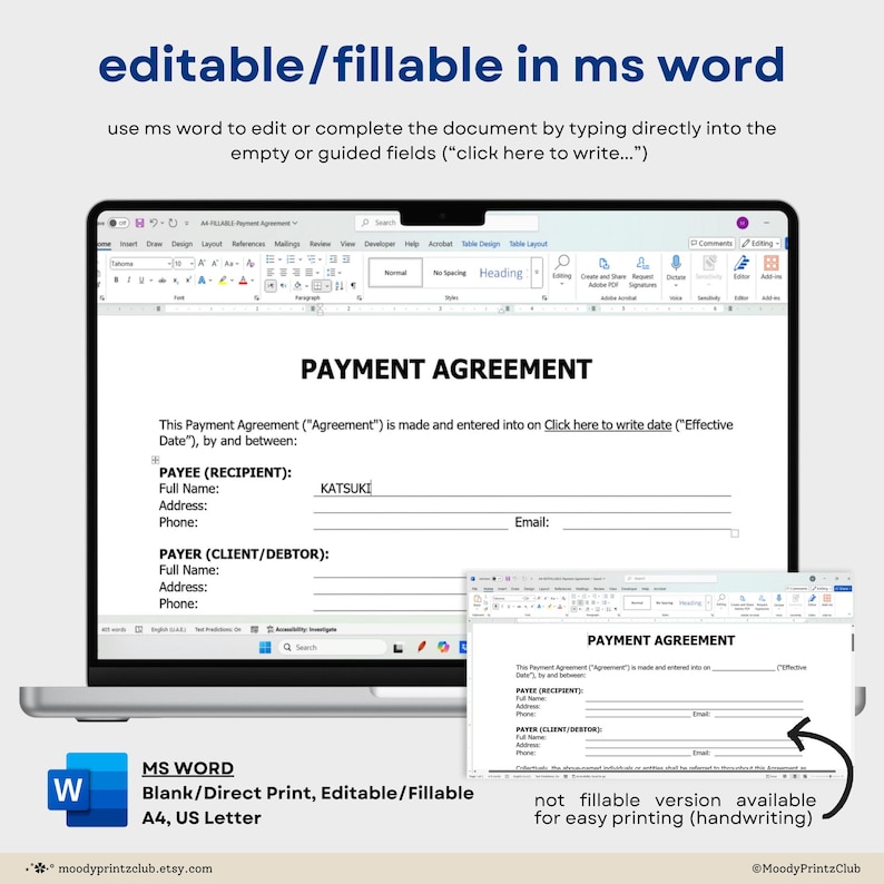 Payment Agreement Template Printable Purchase Agreement Contract ...