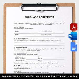 Plantilla de contrato de compraventa imprimible, contrato editable, contrato de compraventa, formulario de contrato de compraventa de propiedad, PDF, MS Word, Google Doc