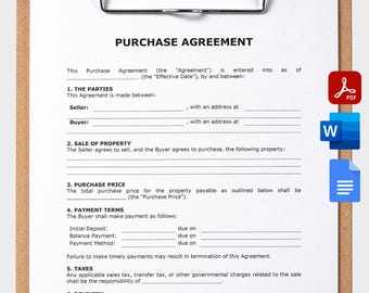 Printable Purchase Agreement Template Editable Contract Purchase and Sales Contract Property Purchase Agreement Form PDF MS Word Google Doc