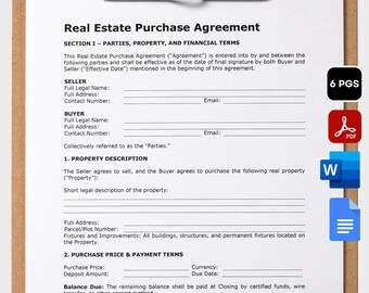 May include: Real Estate Purchase Agreement document on a clipboard. The document includes sections for parties, property, and financial terms. The document is labeled A4 & US LETTER * EDITABLE/FILLABLE/DIRECT PRINT.