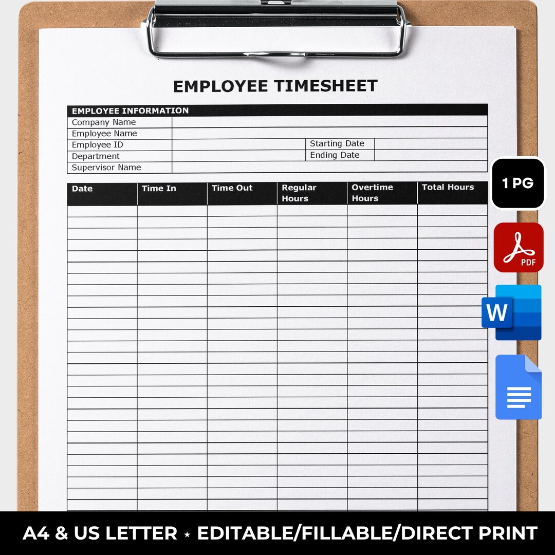 Employee Time Sheet.pdf Employee Timesheet Template, Editable Time Tracker, Printable Work ...