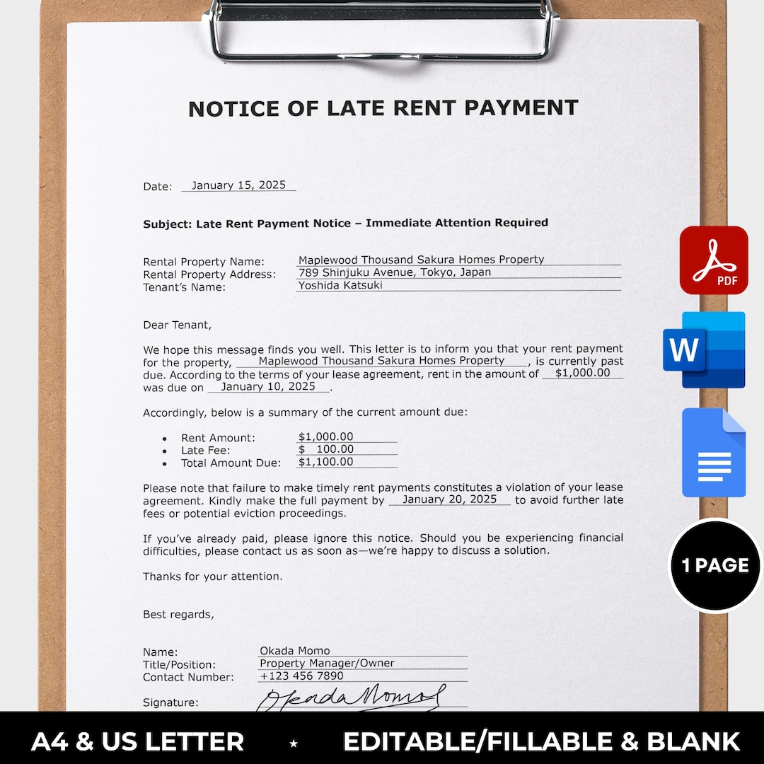 Late Rent Letter Fillable Late Rent Notice Printable Late Rent Payment