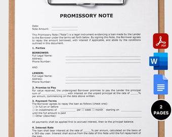 Formulario de pagaré, acuerdo de pago rellenable, plantilla de pagaré, contrato de préstamo personal, contrato de préstamo, documento de Google, editable en MS Word
