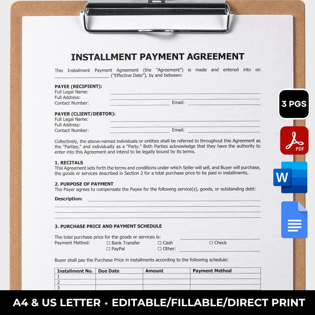 Installment Payment Agreement Template Printable Purchase Agreement to ...