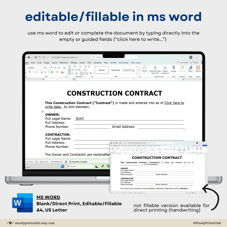 Construction Contract Template Printable Contractor Agreement Editable ...
