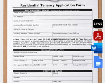 Property Rental Application Form Printable Tenant Application Template Editable Residential Lease Application Rental Form Landlord Forms PDF