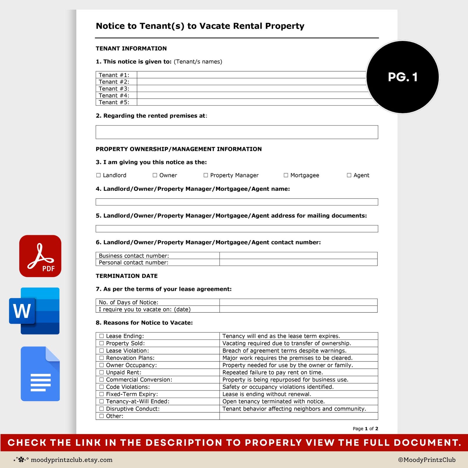 Printable Notice to Vacate Template Notice by Landlord, Editable Tenant ...