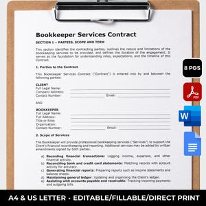 Bookkeeper Services Contract Template Bookkeeping Contract Editable Bookkeeper Contract Printable Accounting Services Agreement Template PDF