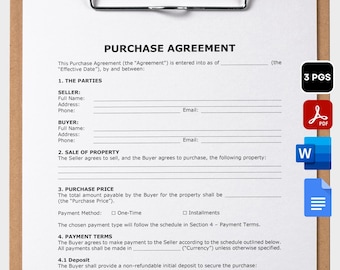May include: A fillable purchase agreement form with sections for the seller and buyer information, sale of property, purchase price, and payment terms. The form is labeled "A4 & US Letter" and "Editable/Fillable & Blank".